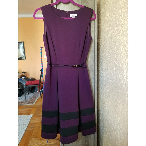 Calvin Klein Belted Pleated Ponte Striped Dress - Picture 5 of 6